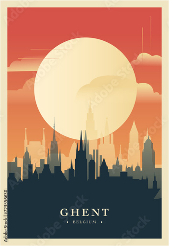 Ghent city brutalism poster with abstract skyline, cityscape retro vector illustration. Belgium, Flanders town travel front cover, brochure, flyer, leaflet, business presentation template image