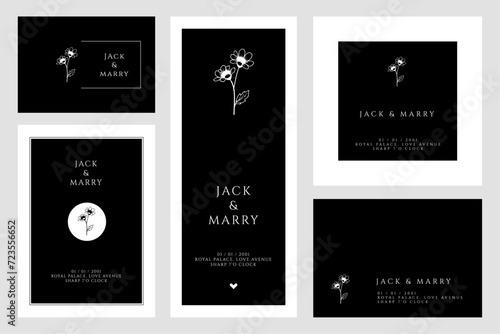 Wedding Card Invitation  daisy flower  hand drawn  minimal  retro classical style design template