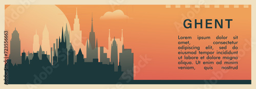 Ghent city brutalism vector banner with skyline, cityscape. Belgium, Flemish town retro horizontal illustration, travel layout for web presentation, header, footer
