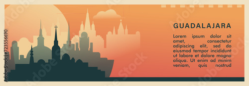 Guadalajara city brutalism vector banner with skyline, cityscape. Mexico, Jalisco metropolitan retro horizontal illustration, travel layout for web presentation, header, footer