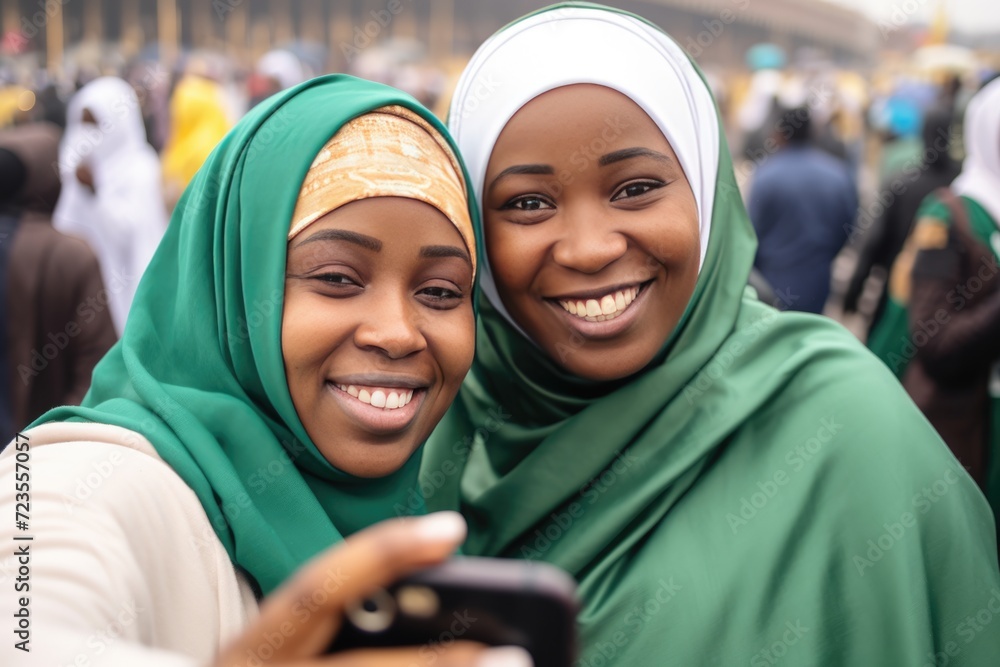 Two women wearing hijabs, standing together and taking a selfie with a cell phone, Fictional character created by Generated AI.