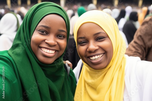 Two smiling women wearing colorful headscarves, Fictional character created by Generated AI. photo