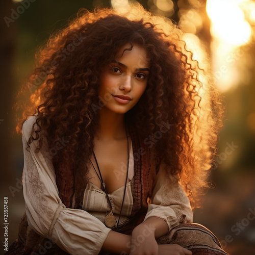 A racially ambiguous super pretty women a very voluminous curly hair with a friendly demeanor dons. Generative AI. W008 photo