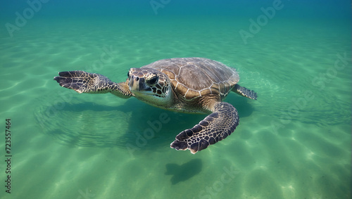 Turtle in the water with water trees other sea animals


