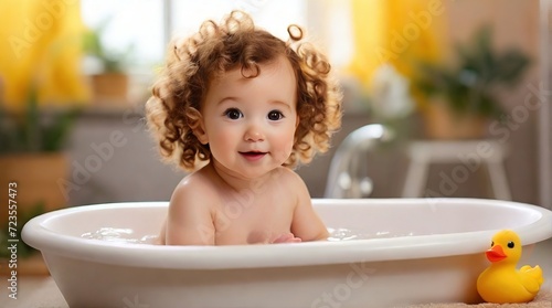 A cute little kid bathing in the bathroom with a yellow toy rubber duck, the concept of cleanliness and hygiene of a small child, a little girl in the bathroom