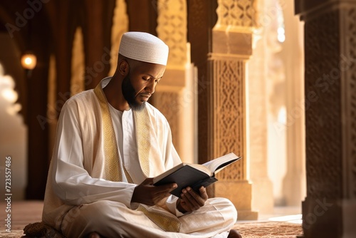 Muslim man reads Quran in a Mosque photo