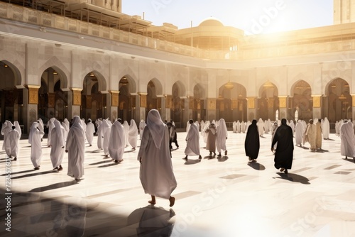 Sunlight filtering through architectural windows - Women in headscarves walking through a mosque