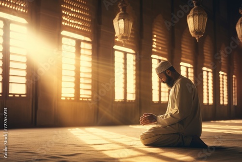 Muslim Man Praying in a Sunlit Room