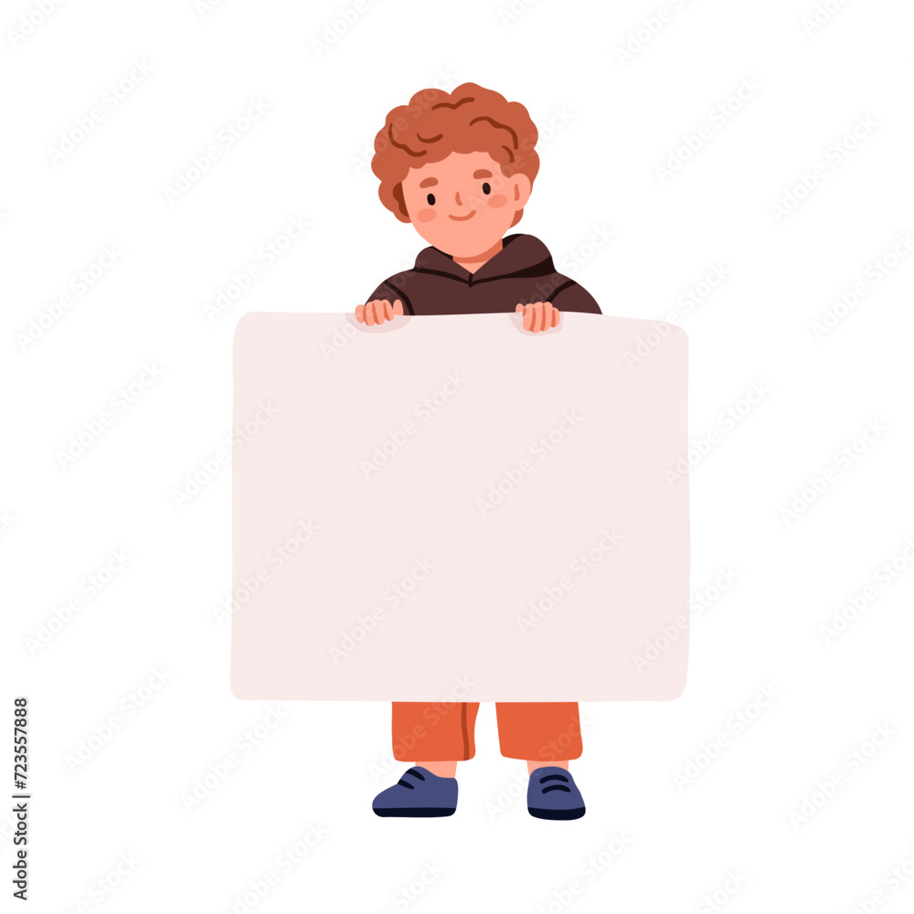 Child holding blank banner, paper sheet in hands. Happy smiling boy kid standing, showing empty clean placard for advertising, promotion. Flat vector illustration isolated on white background Child holding blank banner, paper sheet in hands. Happy smiling boy kid standing, showing empty clean placard for advertising, promotion. Flat vector illustration isolated on white background