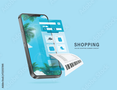 Online shopping in summer concept, receipt paper flowing from online shopping application template. with smartphone with pictures of sky, sunlight, and coconut trees as background