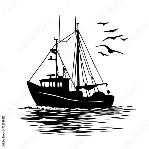 Fishing boat on water with seagulls