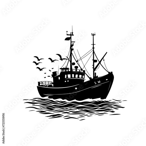Fishing boat on water with birds