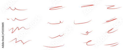 Red brush stroke underline. Marker pen highlight stroke. Vector swoosh brush underline set for accent, marker emphasis element. Hand drawn collection set of underline strokes. vector illustration