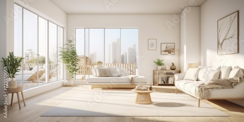 Bright windows illuminate spacious modern white apartment bedroom with large bed and mirror nearby. © Lasvu