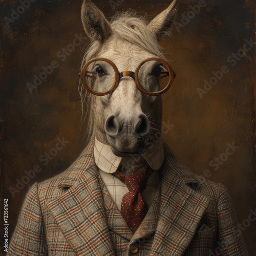 Portrait of a horse wearing glasses, dressed in a formal business suit photo