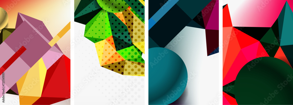 Set of geometric abstract composition with spheres and triangles. Vector illustration For Wallpaper, Banner, Background, Card, Book Illustration, landing page Set of geometric abstract composition with spheres and triangles. Vector illustration For Wallpaper, Banner, Background, Card, Book Illustration, landing page