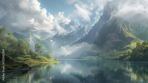Beautiful landscape with mountains, lake and trees 