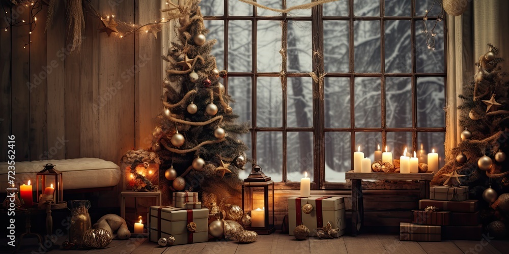 Vintage Christmas composition in living room with festive decorations, window, tree, candles, stars, gifts, and accessories.