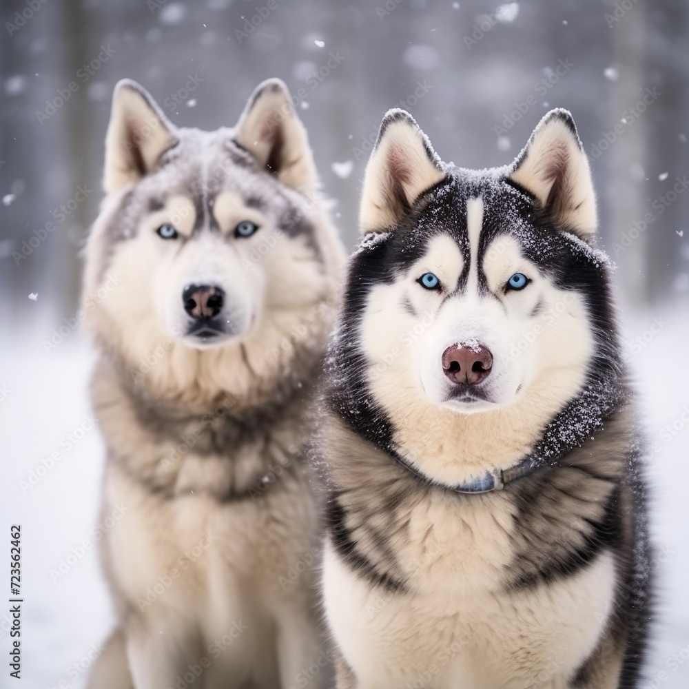 portrait of husky dogs on snow in winter portrait of husky dogs on snow in winter