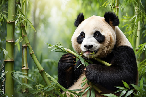 panda eating bamboo with forest background photo