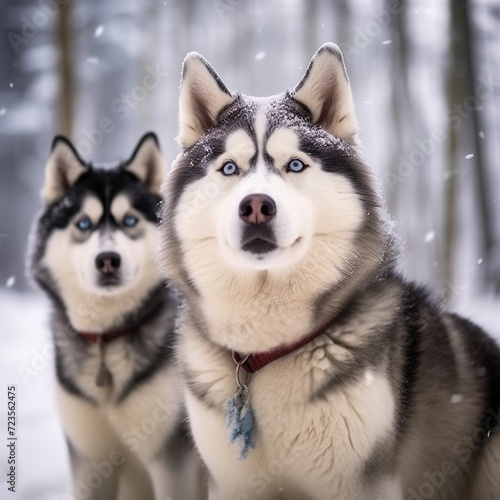portrait of husky dogs on snow in winter