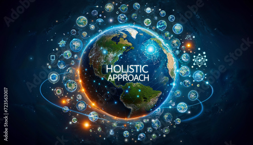 Digital Planet Earth with Nature, Tech, and Humans: Orbiting Holistic Approach Phrase