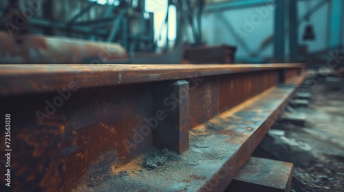 Rusty steel rails in a construction site. Selective focus.