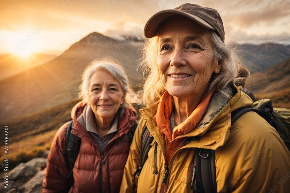 Senior tourist women hiking and taking selfie at top beautiful mountains Senior tourist women hiking and taking selfie at top beautiful mountains