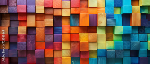 Colorful Wooden Blocks Aligned. Playful Background with Vibrant Wood Tones photo