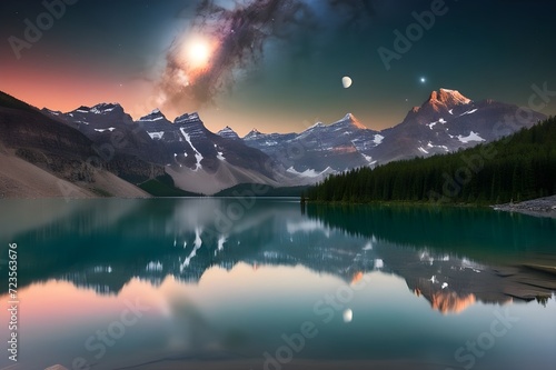 Serene-beauty-captured-in-the-mirror-like-surface-of-the-lake-reflecting-the-galaxy-and-moon-above