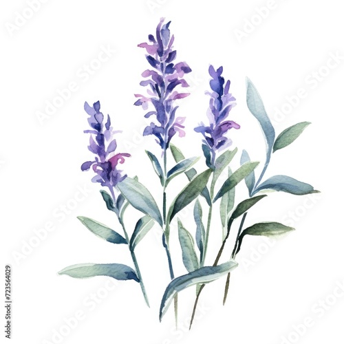 Salvia flower watercolor illustration. Floral blooming blossom painting on white background