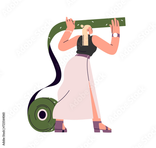 Woman with decorative scrapbook tape in hand. Tiny female character decorating with ornamental glue strip decor. Decoration art and craft. Flat vector illustration isolated on white background