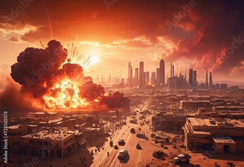 Atomic bomb in city. Symbol of war, end of world. Nuclear explosion