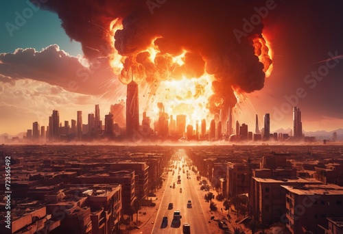 Atomic bomb in city. Symbol of war, end of world. Nuclear explosion