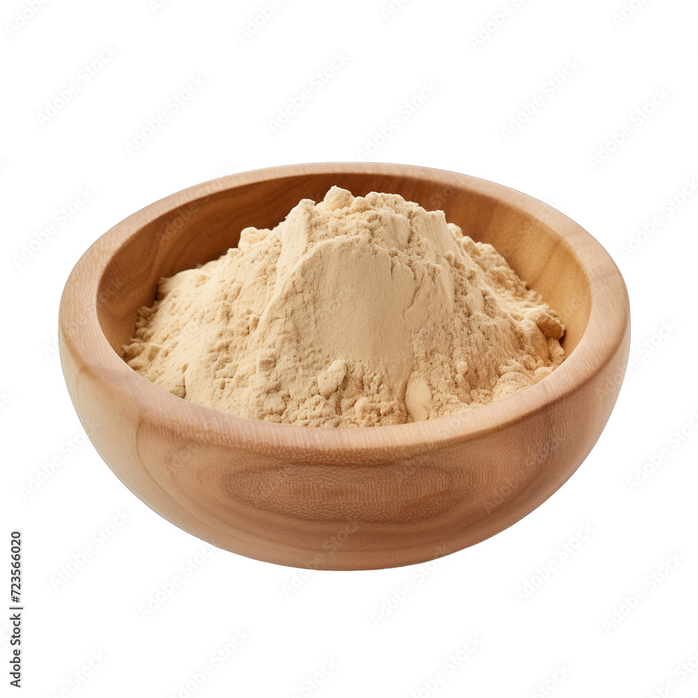 pile of finely dry organic fresh raw suma root powder in wooden bowl png isolated on white background. bright colored of herbal, spice or seasoning recipes clipping path. selective focus