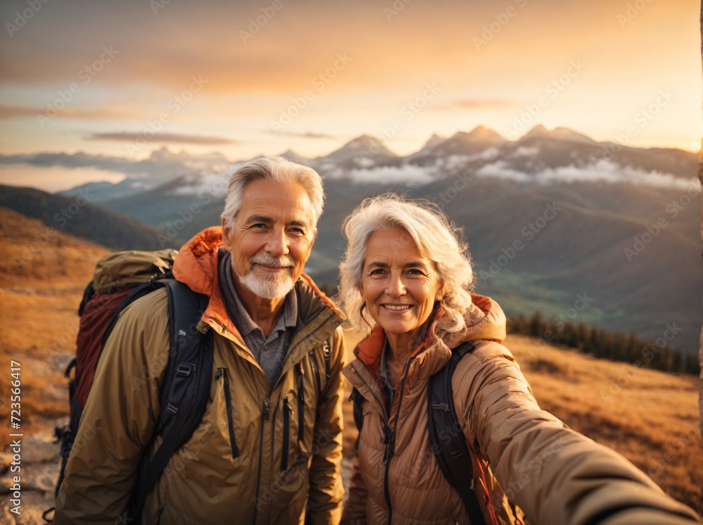A old romantic couple hiking together in the mountains in the vacation trip week. walking in the beautiful European nature