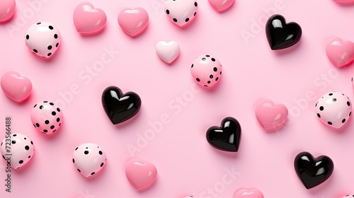 Heart-shaped confetti with small hearts and cartoonish ladybugs photo