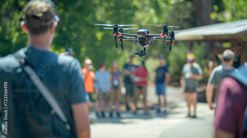 Drohnengesetzgebung in Europa Weiterbildung mit Drohnen und Personen im Unterricht Drohnenflug in einer Stadt Generative AI photo