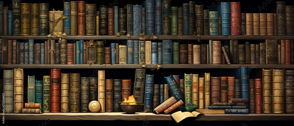 ancient bookshelves full of Old ancient books and manuscripts ancient bookshelves full of Old ancient books and manuscripts