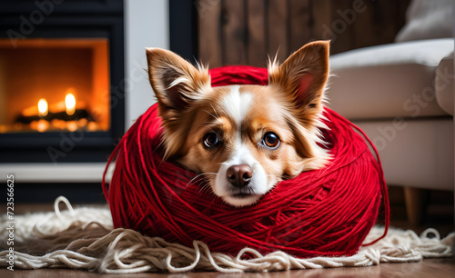 Dog tangled in a ball of yarn, expression of comical distress, yarn vibrant red, whiskers disheveled, backdrop of cozy living room. Generative AI © 냥냥냥 난