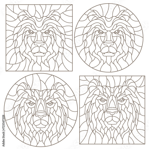 Set of contour stained glass illustrations with bear head, round and square image, dark outline on white background