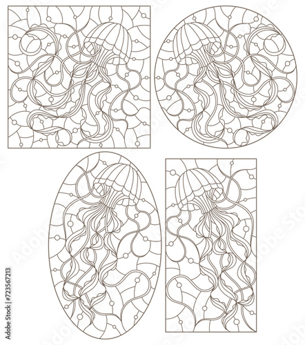 A set of contour illustrations of stained glass Windows with jellyfish on a background of water and air bubbles, dark contours on a white background