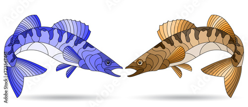 A stained glass illustration with abstract pike perch fishes isolated on a white background, tone blue and brown