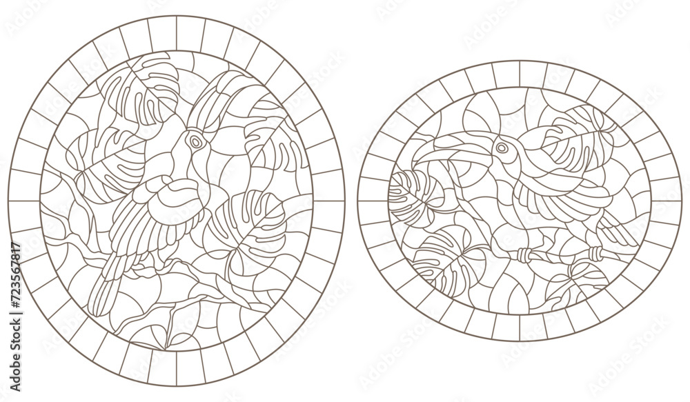 Set contour illustrations with birds toucans on branches of a tropical tree , a dark outline on a white background Set contour illustrations with birds toucans on branches of a tropical tree , a dark outline on a white background