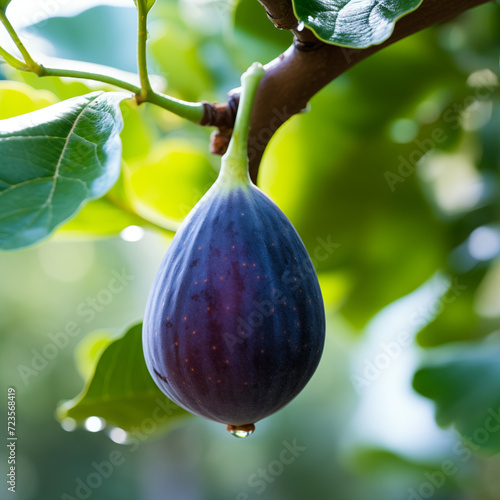 close-up of a fresh ripe fig hang on branch tree. autumn farm harvest and urban gardening concept with natural green foliage garden at the background. selective focus photo