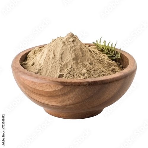 pile of finely dry organic fresh raw tribulus terrestris herb powder in wooden bowl isolated on white background. bright colored of herbal, spice or seasoning recipes clipping path. selective focus photo