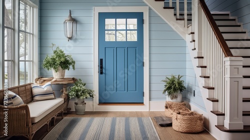 Shiplap walls, a natural fiber rug, and a glorious blue door create the quintessential coastal entryway coastal home interior decorative style element house beautiful design photo