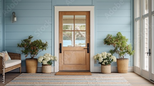 Shiplap walls, a natural fiber rug, and a glorious blue door create the quintessential coastal entryway coastal home interior decorative style element house beautiful design photo