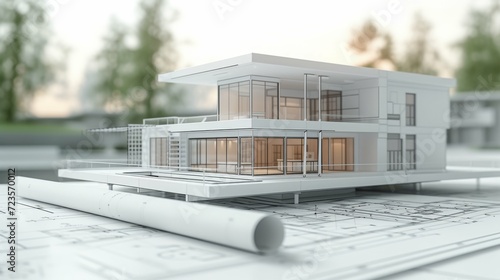 Blueprints model for home with 3 dimension wireframe style on the table, reference drawing on the table. Realistic and detailed for architectural presentation. photo