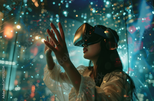 Vr, game or woman in online metaverse gaming for fantasy, cyber or scifi application. Explore, relax and fun virtual reality user or young female person in 3d ai experience in futuristic world © MalamboBot/Peopleimages - AI